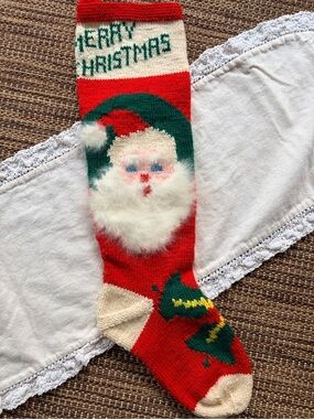 Vintage Santa Knit Christmas Stocking Fuzzy Beard Red